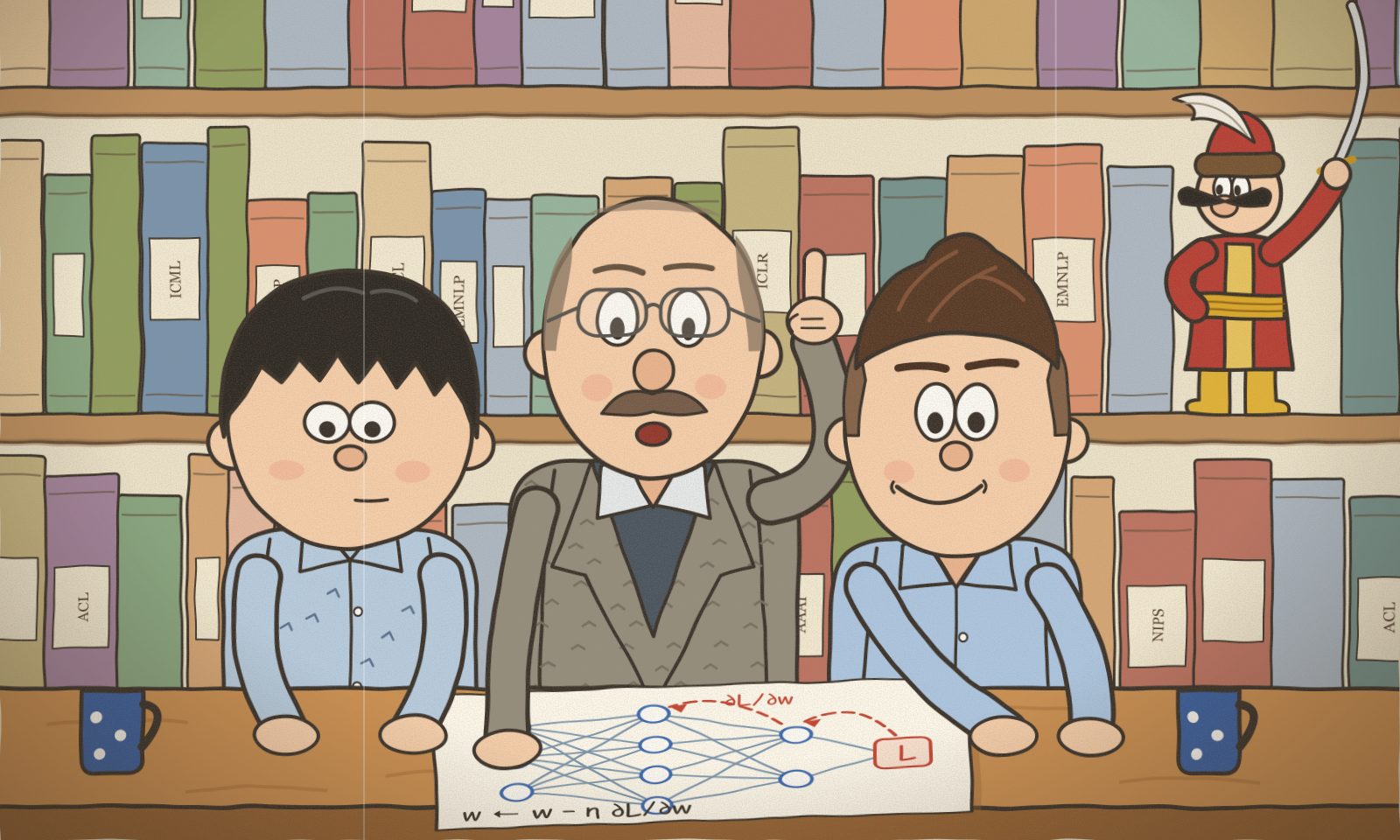 Cartoon of the group at a library table: Paul Swoboda raises a finger, explaining backpropagation on a sketch of a neural network to Paweł Batorski and Zhengxi Zhang